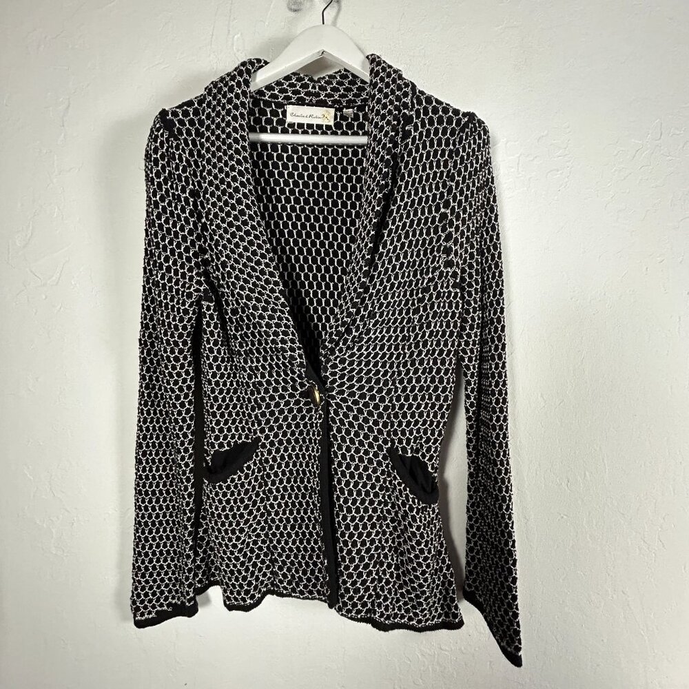 Charlie & Robin Womens Black & White Knitted Button Front Cardigan Sweater Large